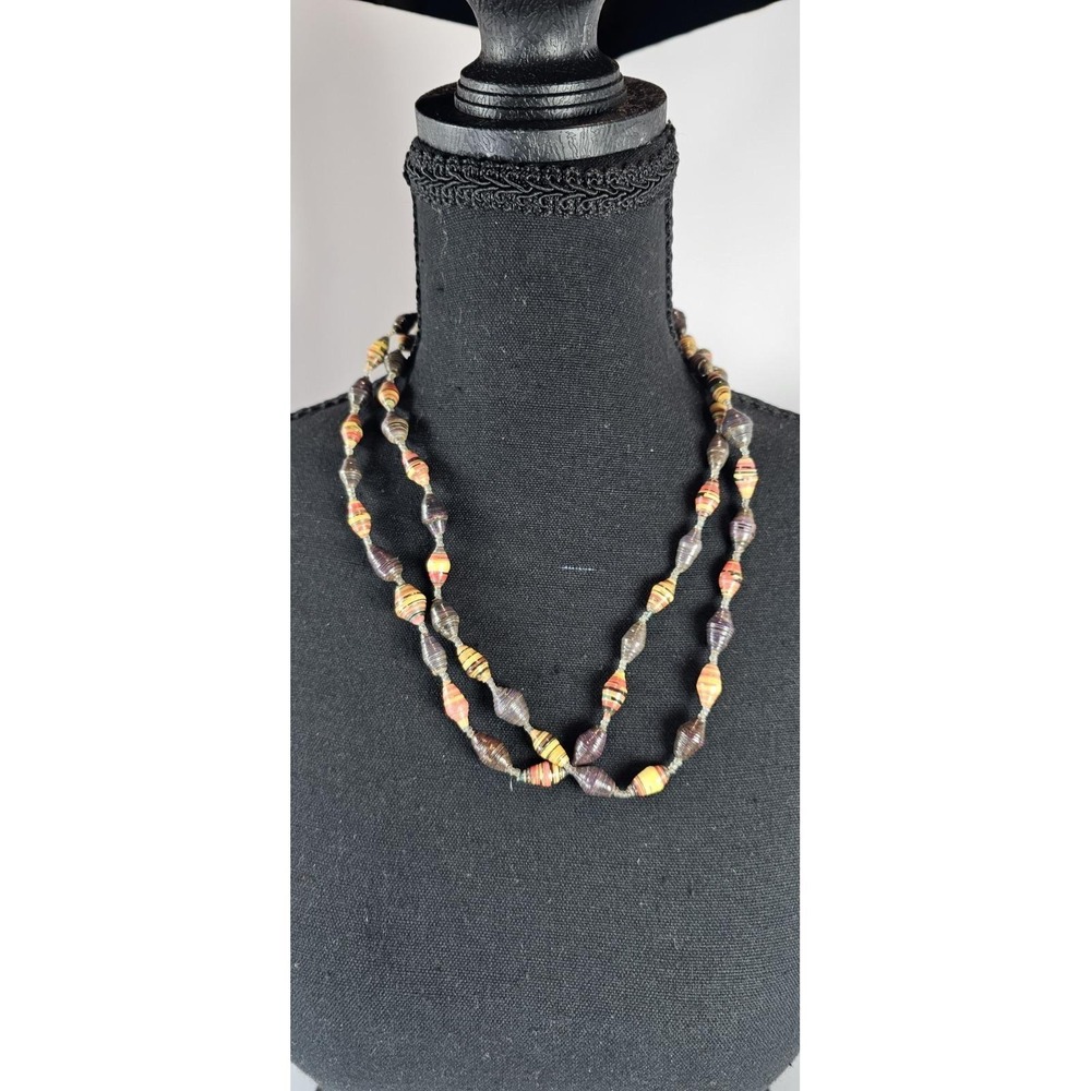 Vintage Handmade Paper Bead Necklace & Bracelet Set Boho Hippie Orange Brown 42"